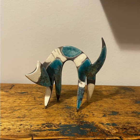 Other - Raku Pottery Cat Sculpture in Teal and Cream